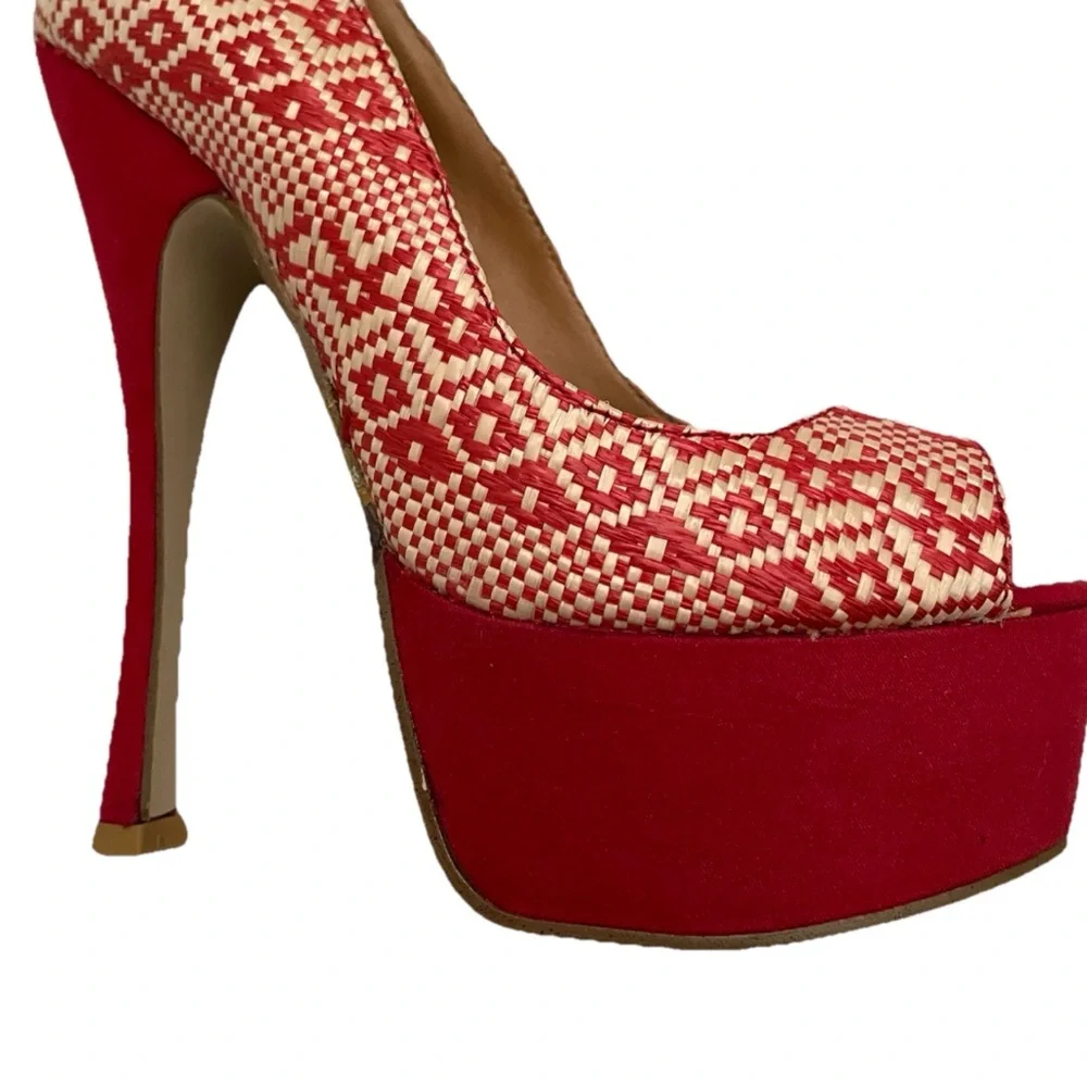 Shoe Dazzle Red and Cream Woven Platform Pumps with High Stiletto